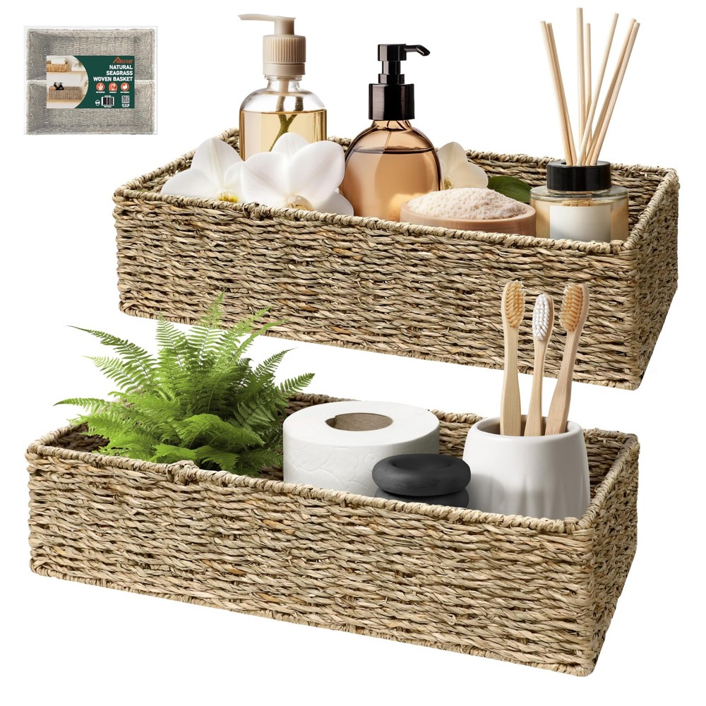2-Pack Rectangular Seagrass Storage Baskets with Built-In Handles, Handwoven ...