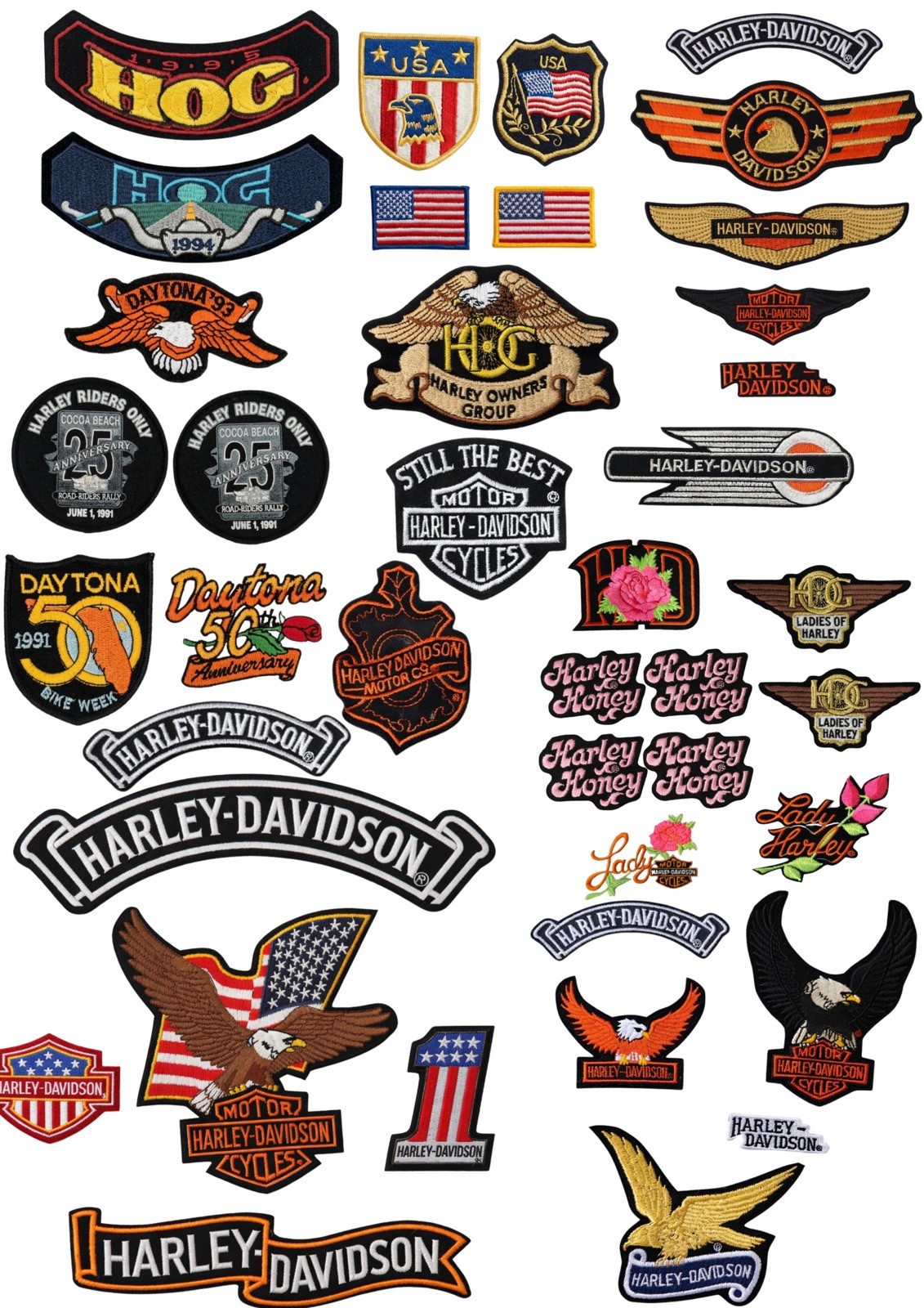 Vintage Harley-Davidson Patch Lot W/ 40 - Eagles, HOG, Daytona, Lady Harley, USA