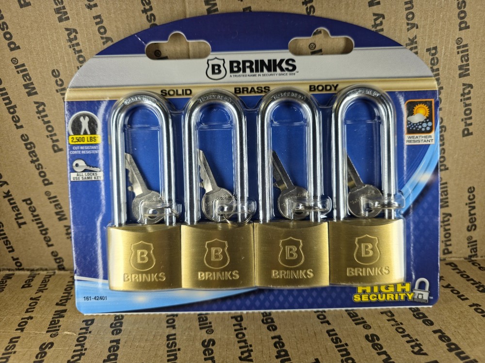 Brinks Solid Brass Padlock, 40mm Body, 2-1/2 inch Shackle, 4 Pack Keyed Alike.