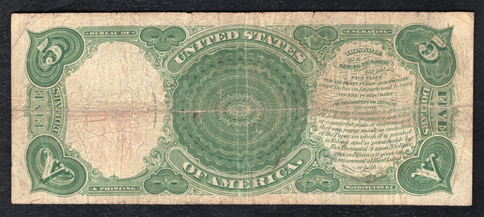 FR. 91 1907 $5 FIVE DOLLARS “WOODCHOPPER” LEGAL TENDER UNITED STATES NOTE