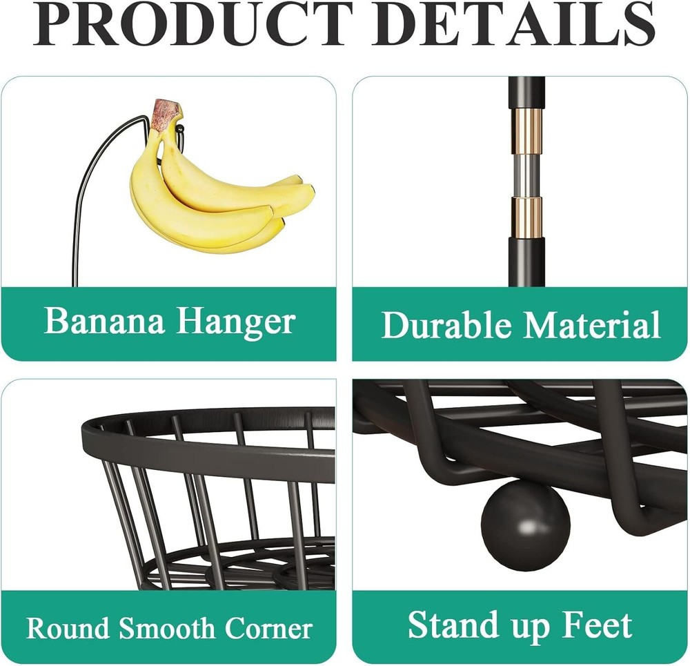2-Tier Fruit Basket Bowl Stackable Vegetable Storage with Banana Tree Hanger Sta