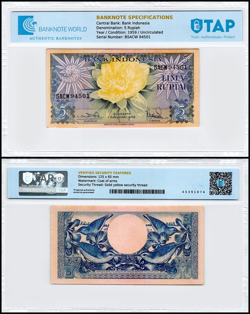 Indonesia 5 Rupiah, 1959, P-65, UNC, Authenticated