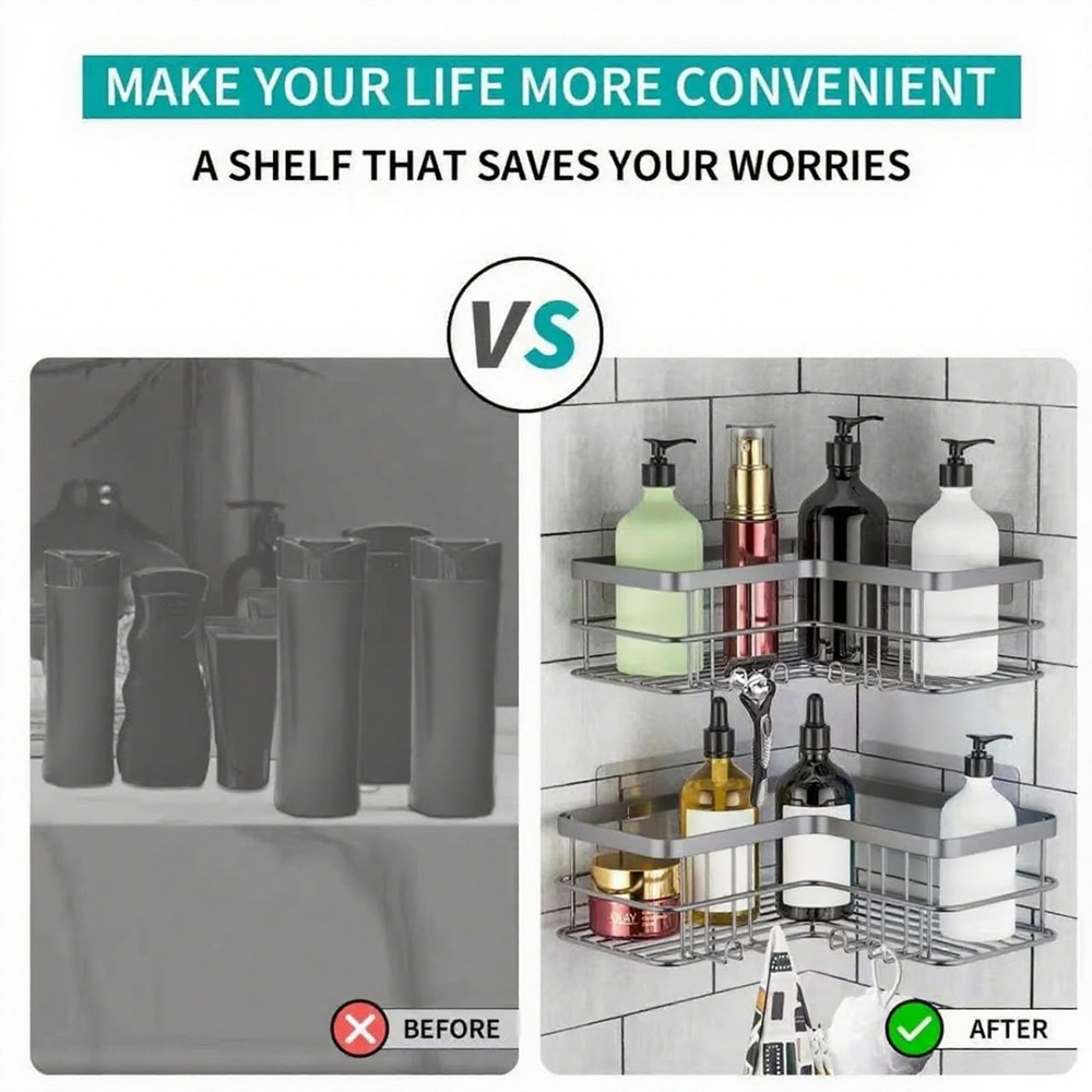 Corner Shower Caddy, Adhesive Shower Shelves No Drilling [2-Pack], Rustproof ...