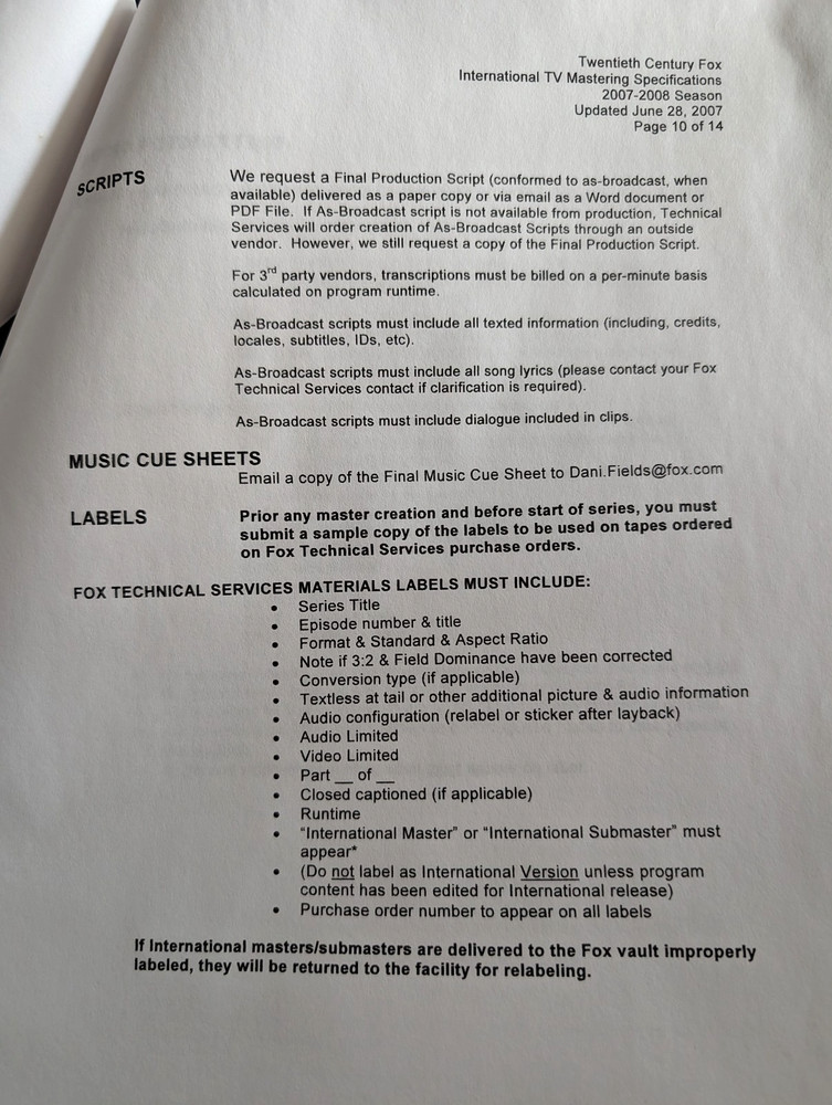 20th Century FOX Television 2007 New Digital TV Specs