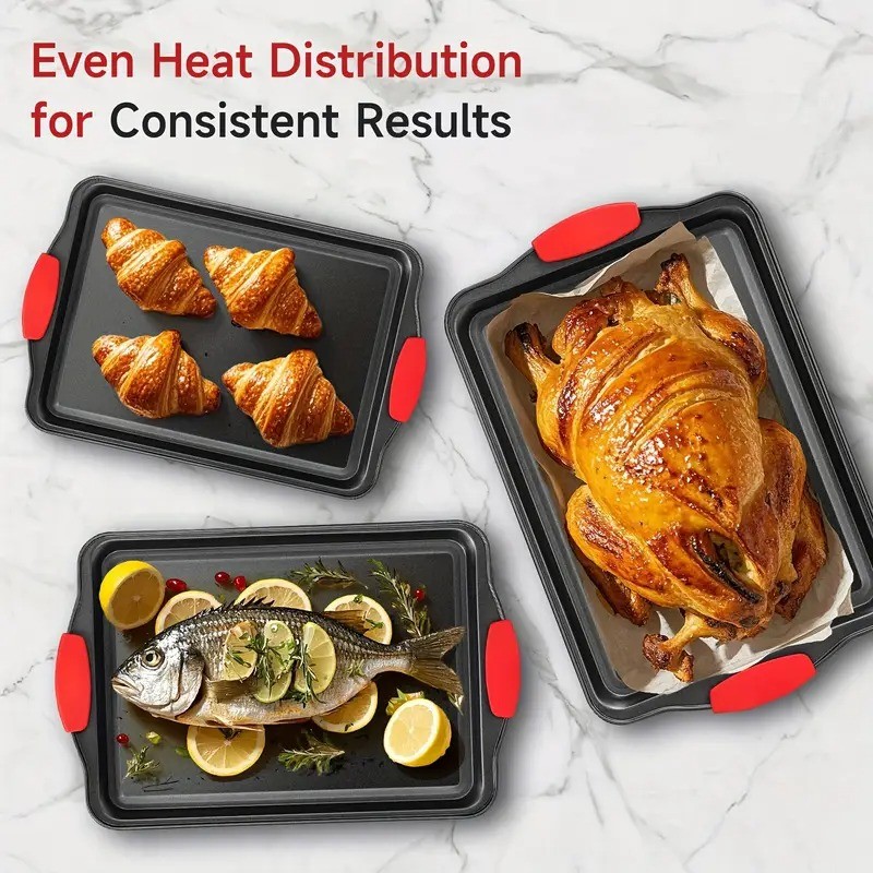 3PCS Kitchen Oven Baking Pans Nonstick Baking Sheets Set Metal Bakeware