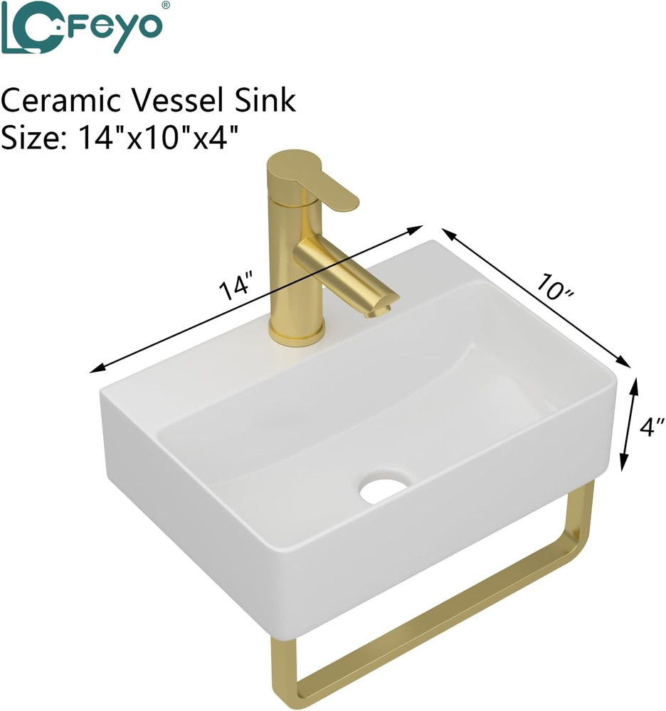 Modern 14" Wall-Mounted Rectangular Vessel Sink with Gold Faucet & Drain Combo