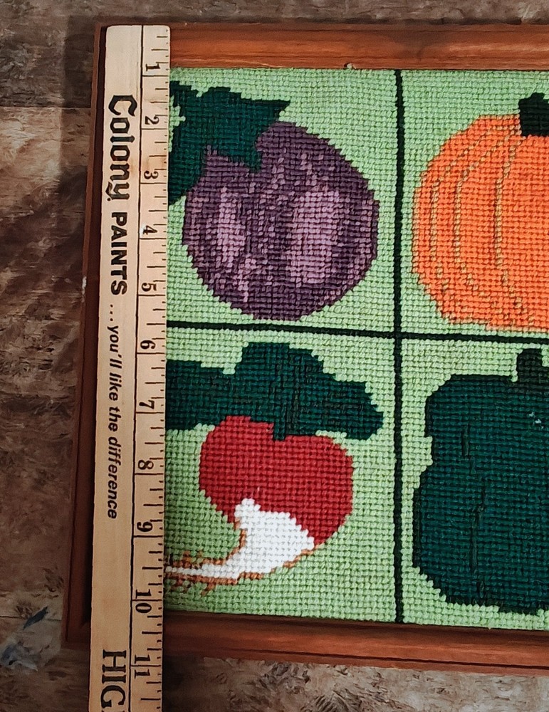 Vintage 70s Framed Vegetable Needlepoint Wall Art Hand Made