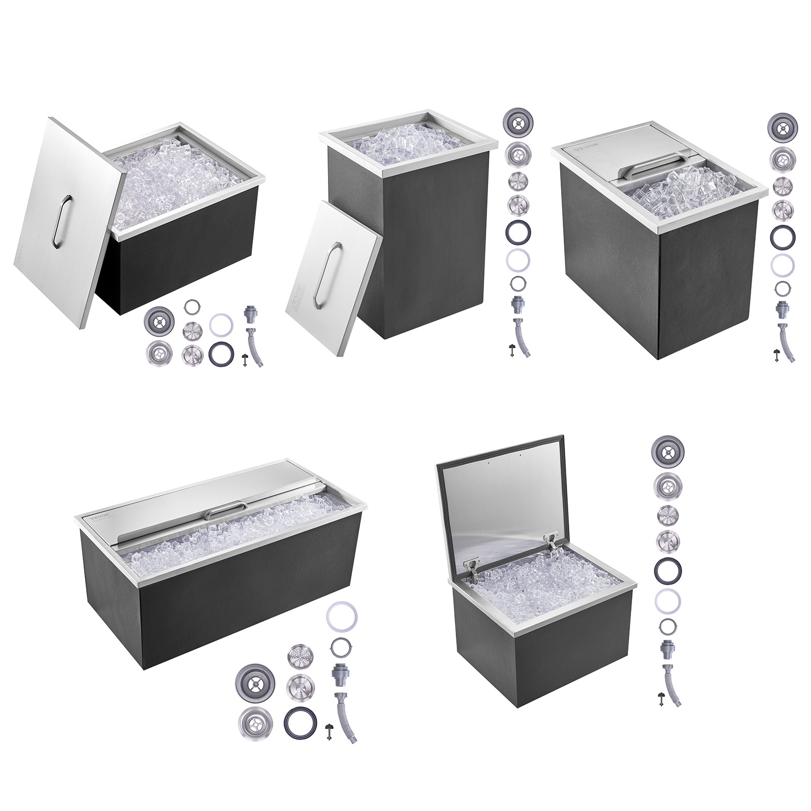 Drop in Ice Chest Ice Cooler Stainless Steel Ice Bin w/Cover 13 Types