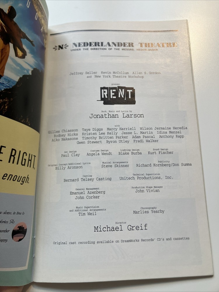 Rent Original Broadway Cast Playbill And Understudy Slips