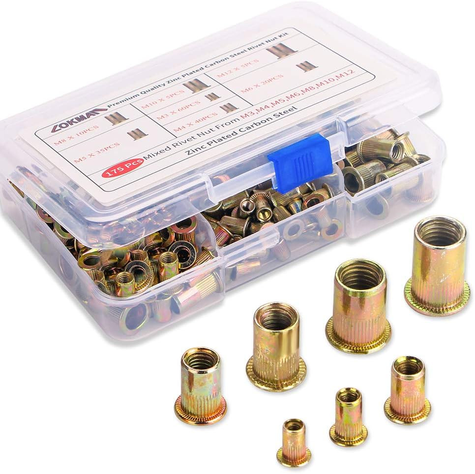 175PCS Metric Rivet Nut Kit Carbon Steel Flat Head Threaded Insert Nut Assorted