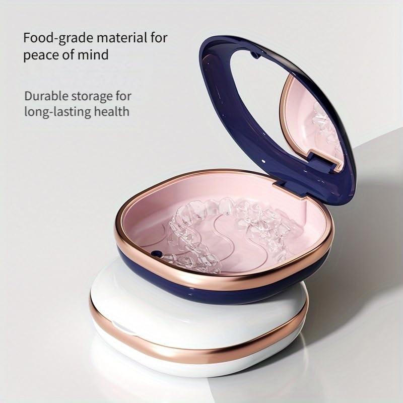 DIDATOOL Denture Case with Mirror, Portable Retainer for Navy blue