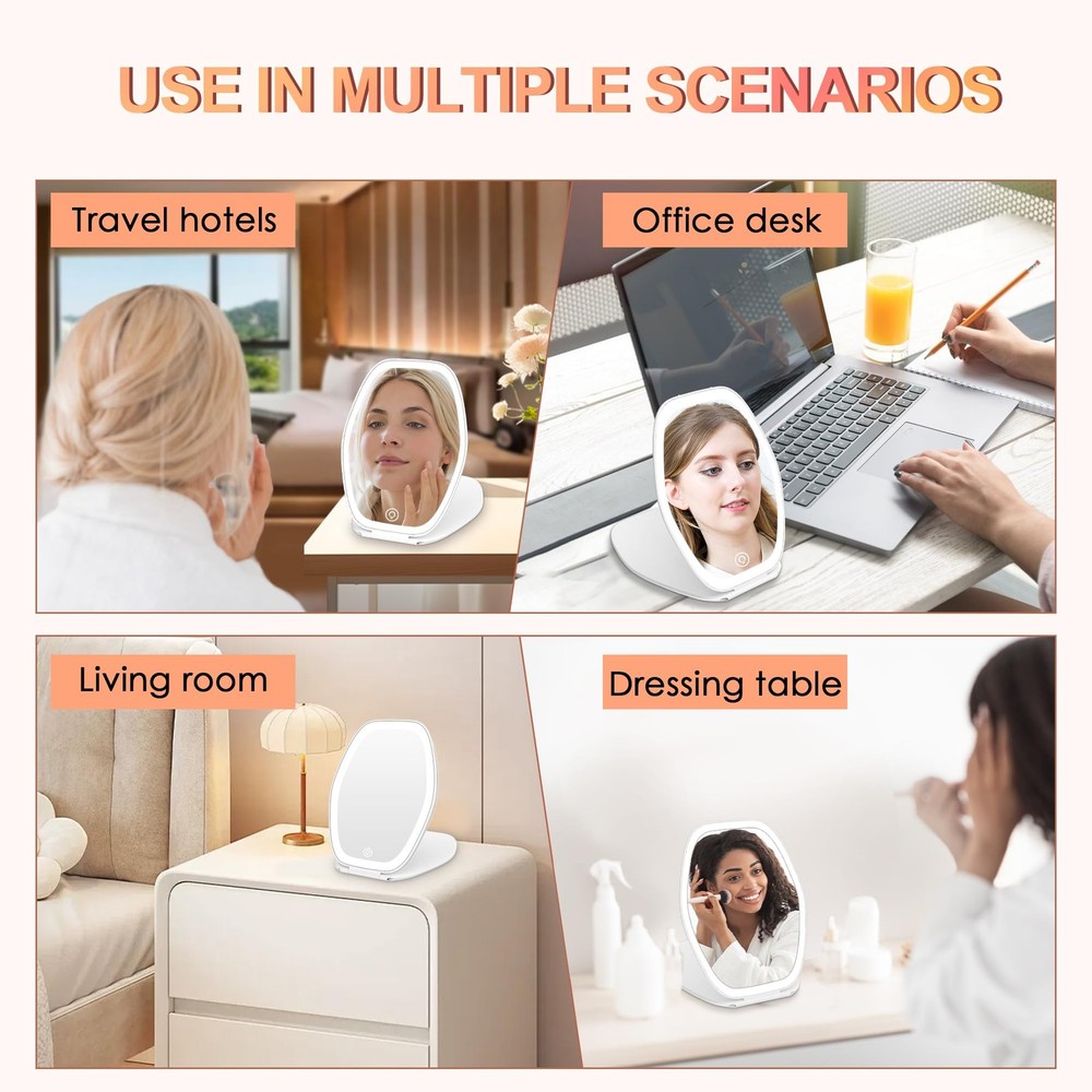 Portable Makeup Mirror with LED Light, Touch Screen, 3 Color Settings