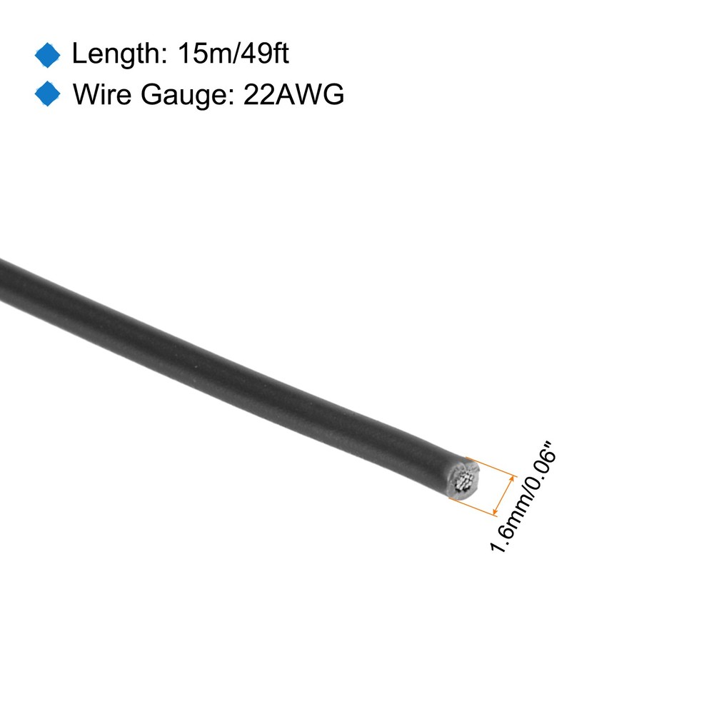 22AWG Stranded Wire PVC Hookup 15M/49ft Black, Electrical Wire UL1007 Spool