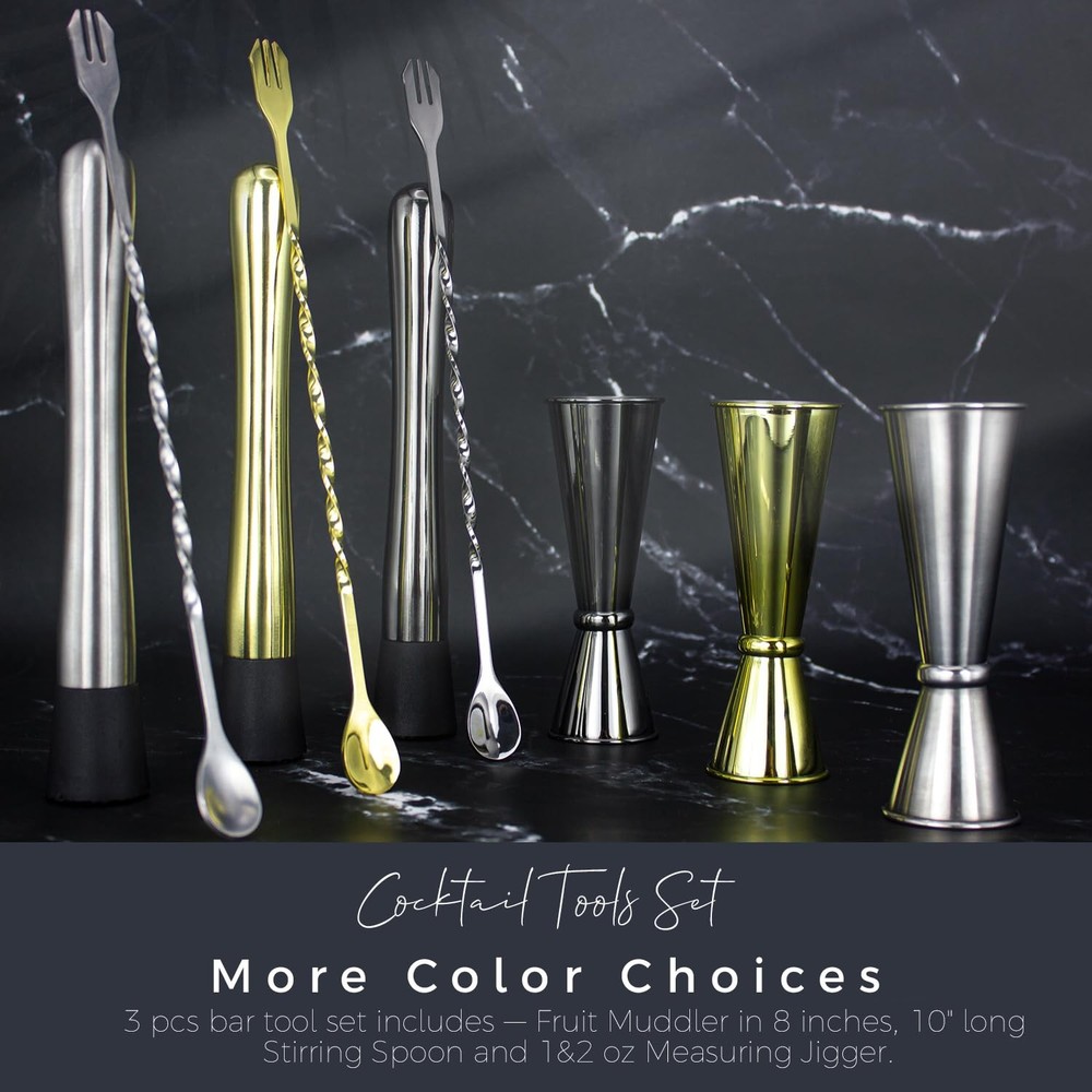 Muddler for Cocktails Set 3 Piece Silver Spoon Jigger Mixing Tools