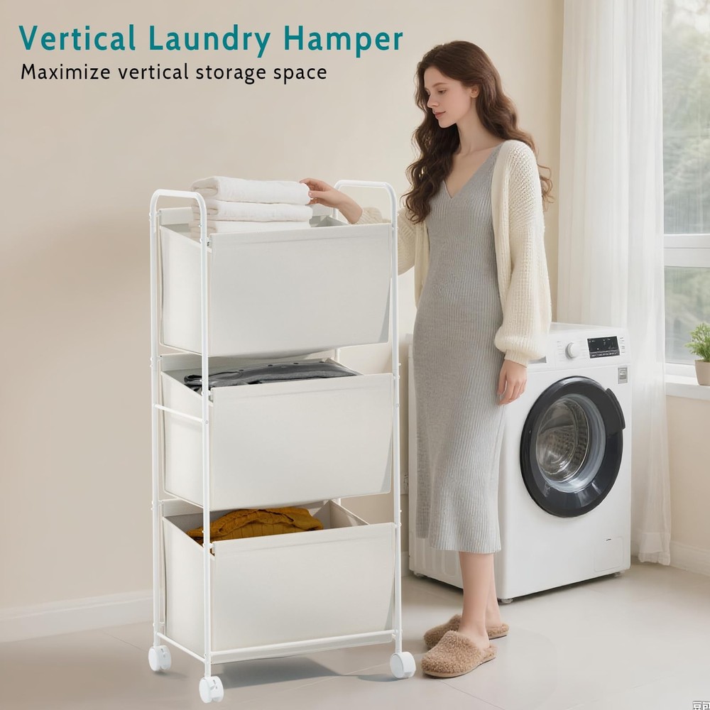 125L Vertical Laundry Hamper with Wheels, 3 Section Large Rolling Laundry Sor...