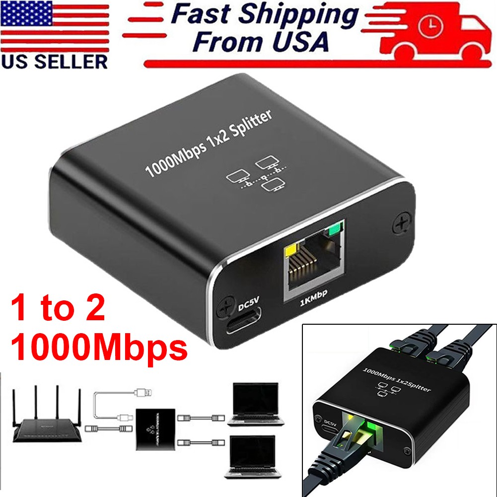RJ45 Gigabit Ethernet Splitter 1000Mbps LAN Network Internet 1 to 2 Out Adapter