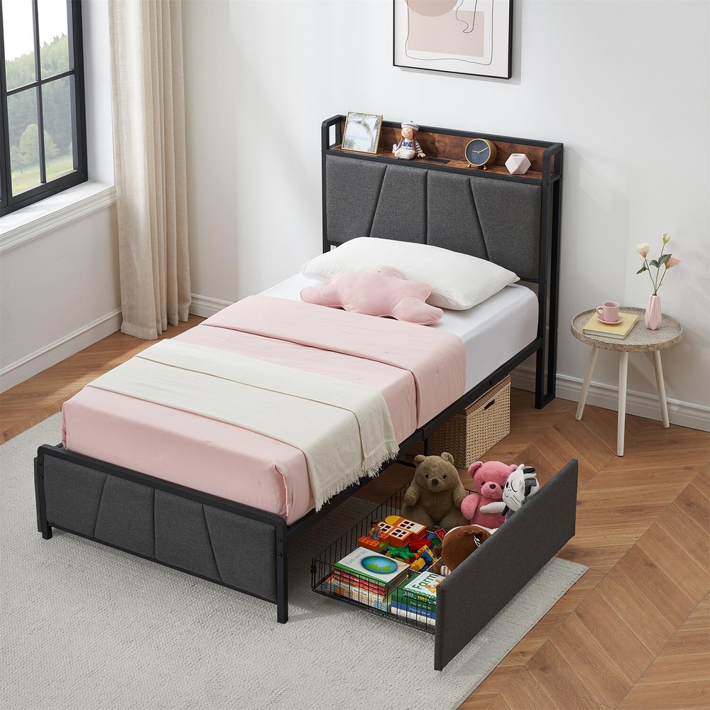 ✅Twin Size Bed Frame with 2 Storage Drawers Linen Upholstered Platform Bedframe