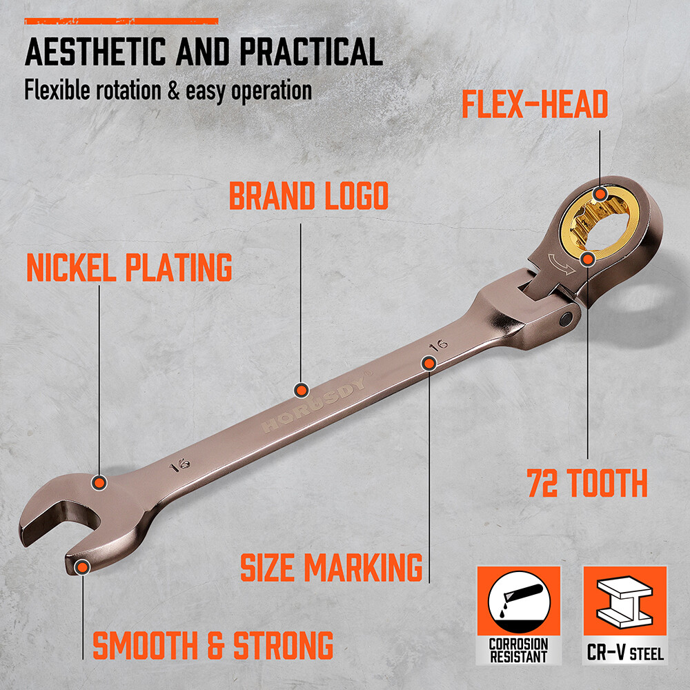 18 PC Flex Head Ratcheting Wrench Set 6 - 30 MM Combination End Spanner & Pounch