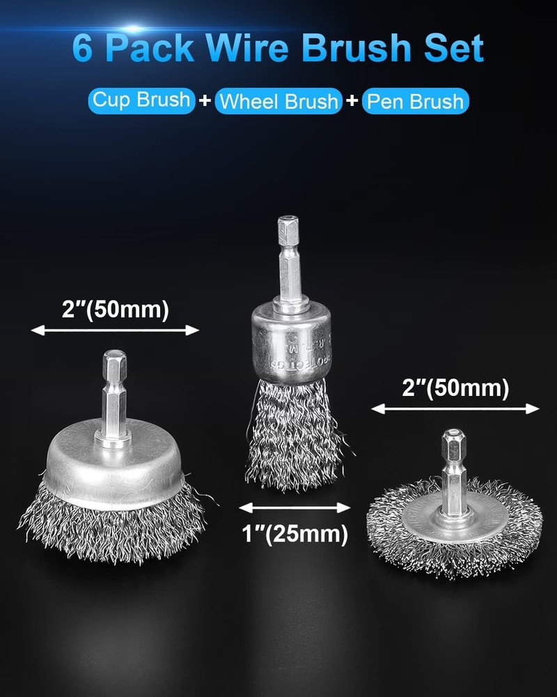 Powerful Carbon Steel Wire Brush Set - 6 Pack for Efficient Rust & Paint Removal
