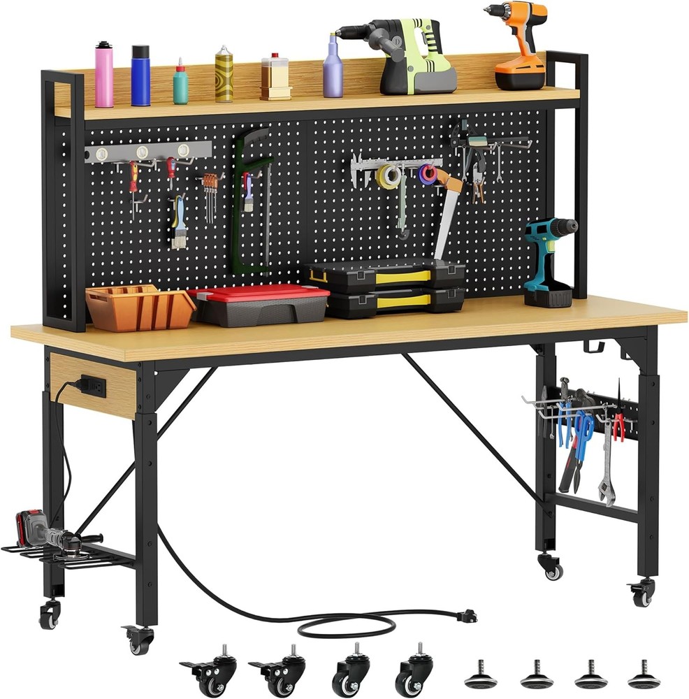 Adjustable Workbench 48in Pegboard 1600lb AC USB Outlet