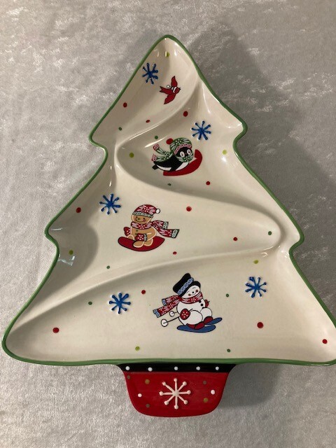 Temptations Winter Whimsy Christmas Tree Shaped Divided Ceramic Dish 14" x 12"