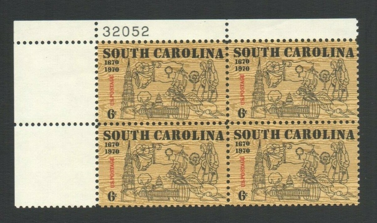 Vintage Unused US Postage Block 6 Cent Stamps SOUTH CAROLINA 1670-1970