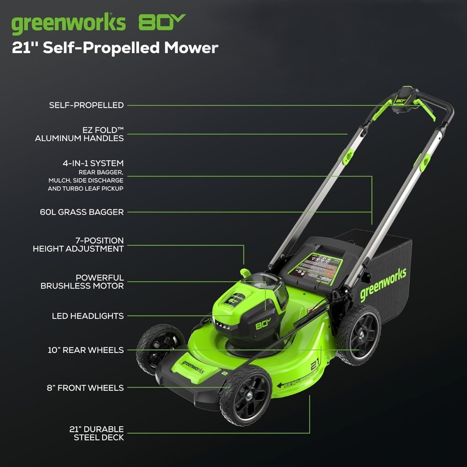 Greenworks 80V 21" Self-propelled Mower+Blower+Trimmer Combo Kit w/ 4Ah Battery