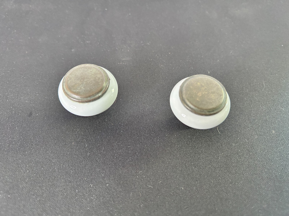 9 Vintage Mushroom White Porcelain Brass Drawer Cabinet Pulls Knobs