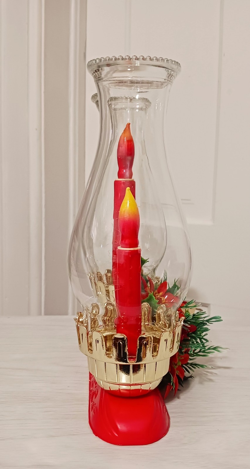 Vintage Christmas Flocked Poinsettia Hurricane Duel Chimney Electric Candle
