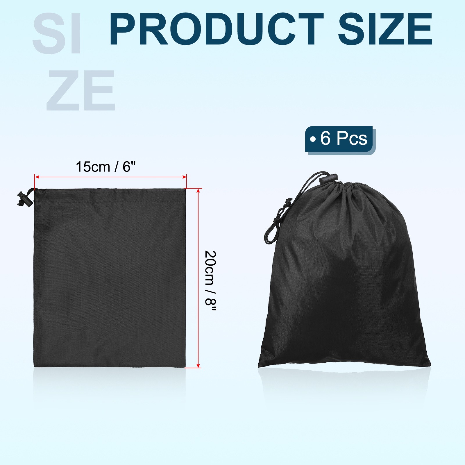 6pcs Drawstring Bag with Toggle 6 x 8 Inch 210D Polyester Stuff Sack Black