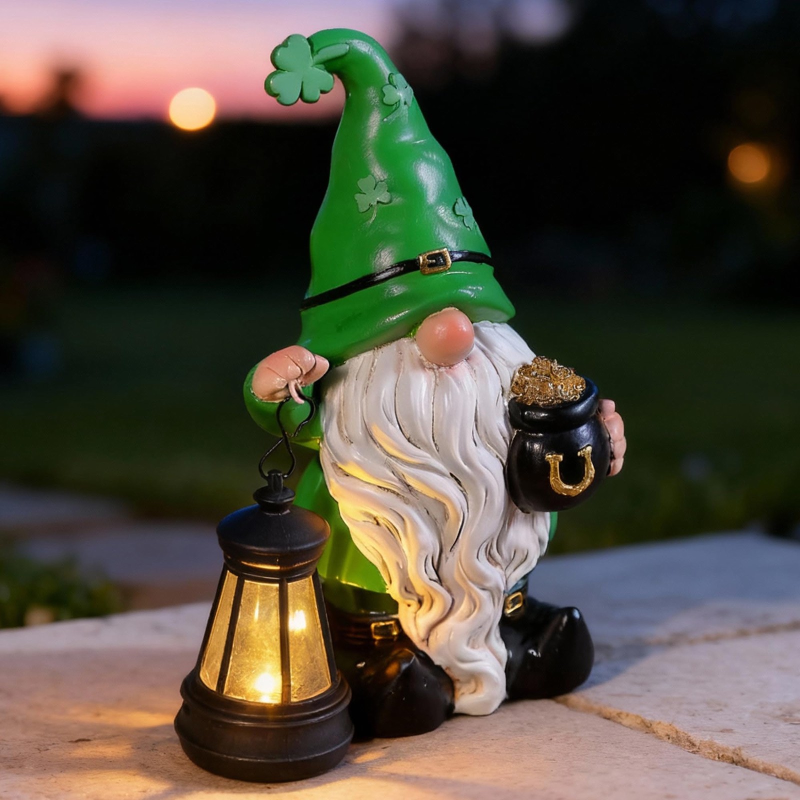St. Patricks Day Gnome for Outdoor Decor, Resin Garden Gnome Holding Lantern ...