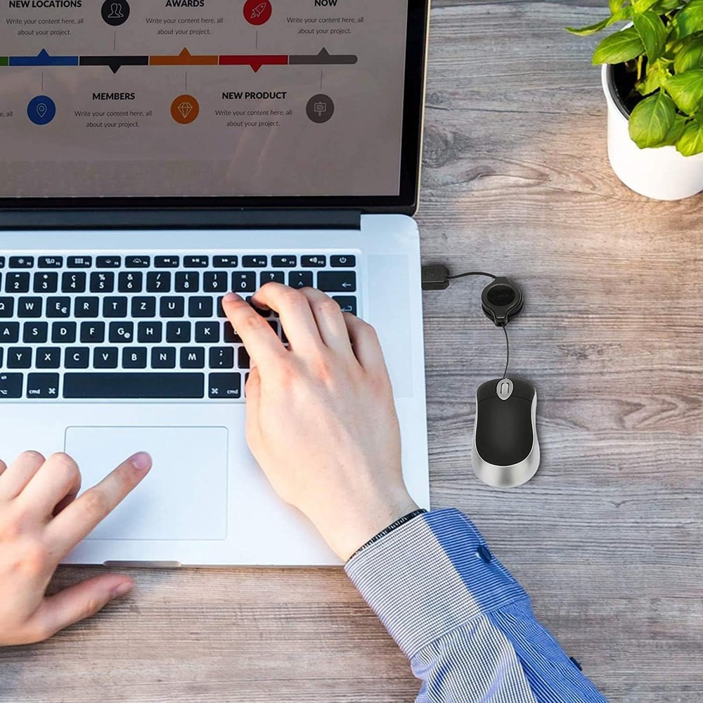 USB C Wired Mini Mouse Small Travel Corded Mice with Retractable Cable