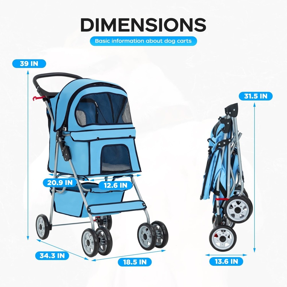 4-Wheel Pet Stroller - Blue Foldable Carrier with Cup Holder