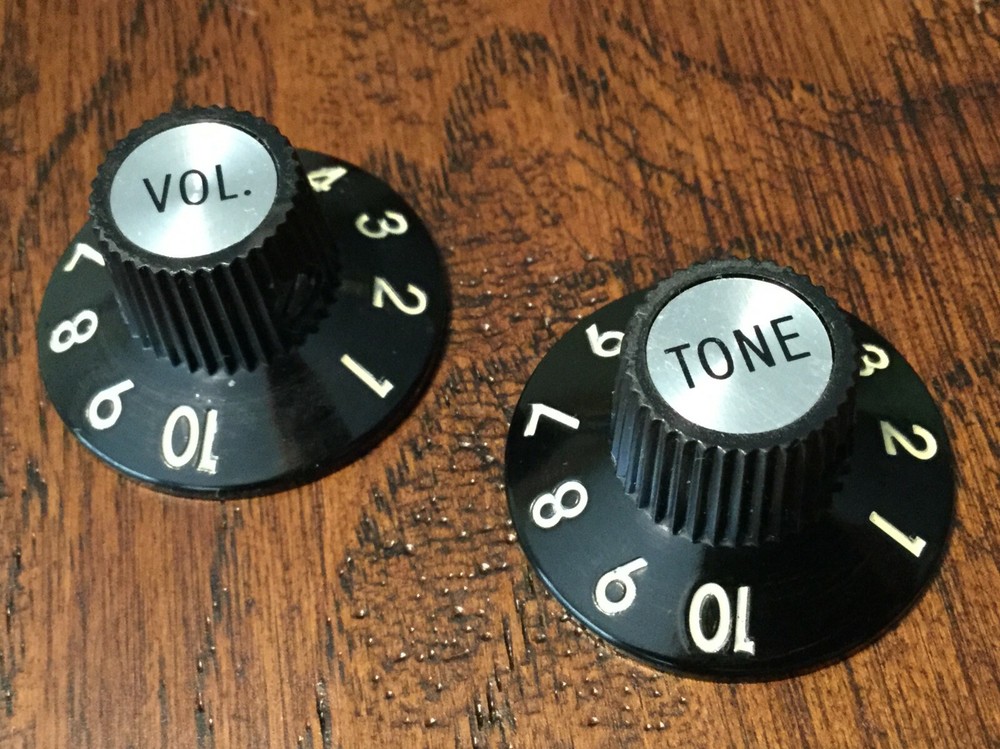 (2) Black Witch Hat Guitar Knobs / Bakelite / Set Screw / .25" Pots / Vol Tone