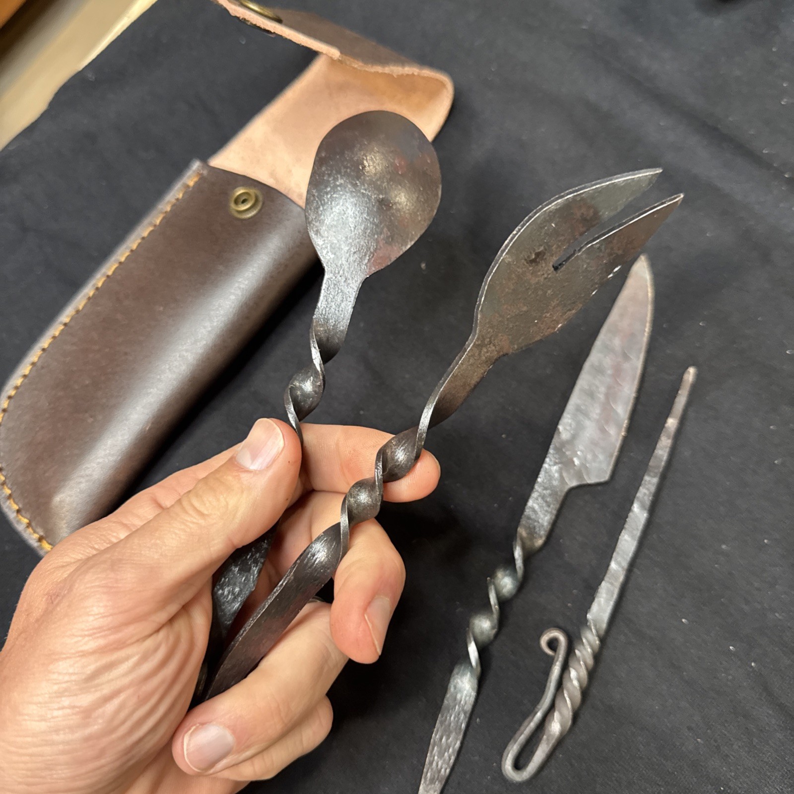 Handmade Medieval Cutlery Set With Cover -Hand Forged Viking Eating Utensils Set