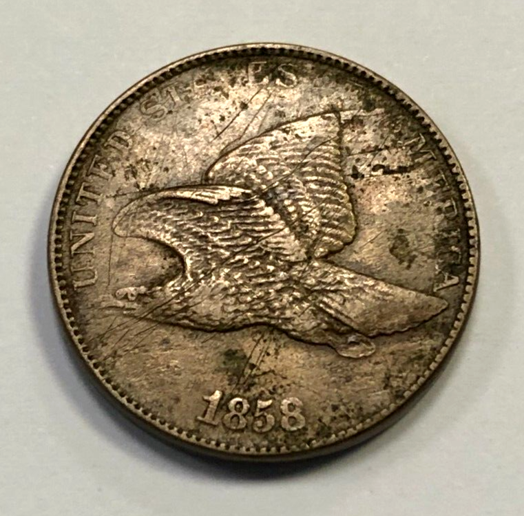 1858 LL Flying Eagle Small Cent 1c VF Details - Damaged