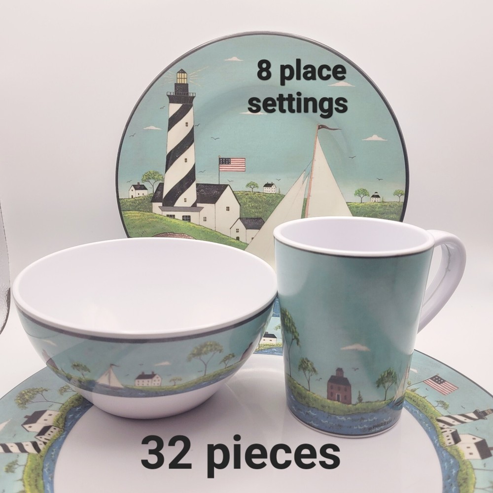 Warren Kimble Sakura Coastal Breeze Melamine 32 Pc Dinnerware Set 8 Settings