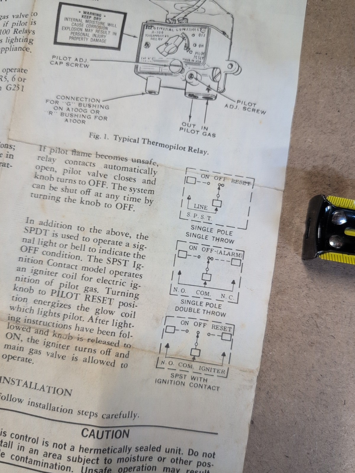 ITT General Controls, Thermopilot Relay, Manual Reset, SPST, A100G543