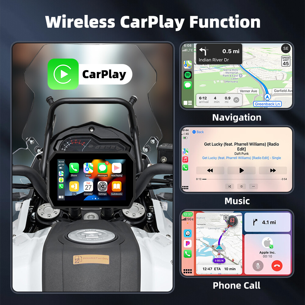 5"Universal Linux Motorcycle Navigation IP67 Wireless Carplay Dual Bluetooth HD