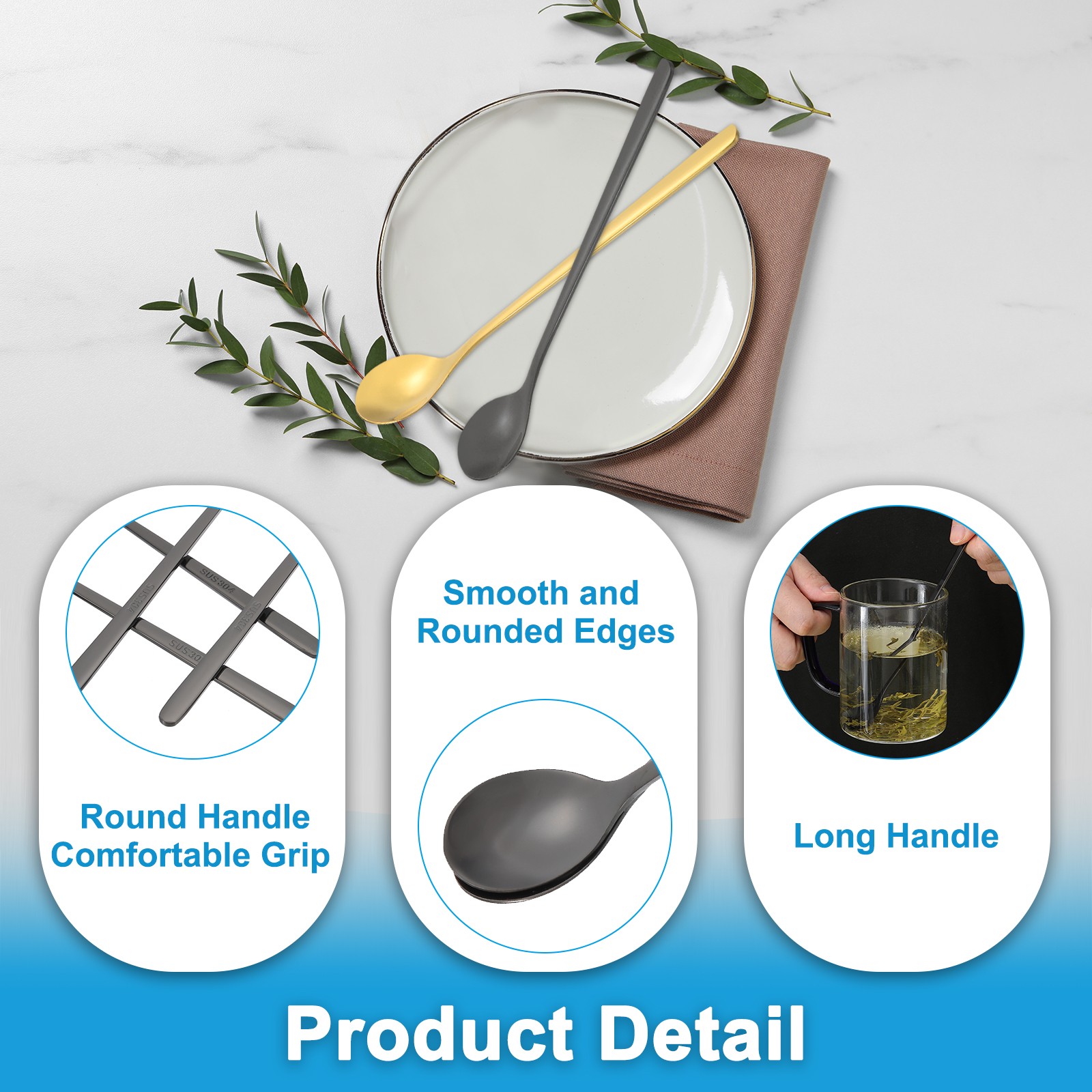 Long Handle Iced Tea Spoon, 4 Pcs 7" Stainless Steel Long Coffee Spoons, Black