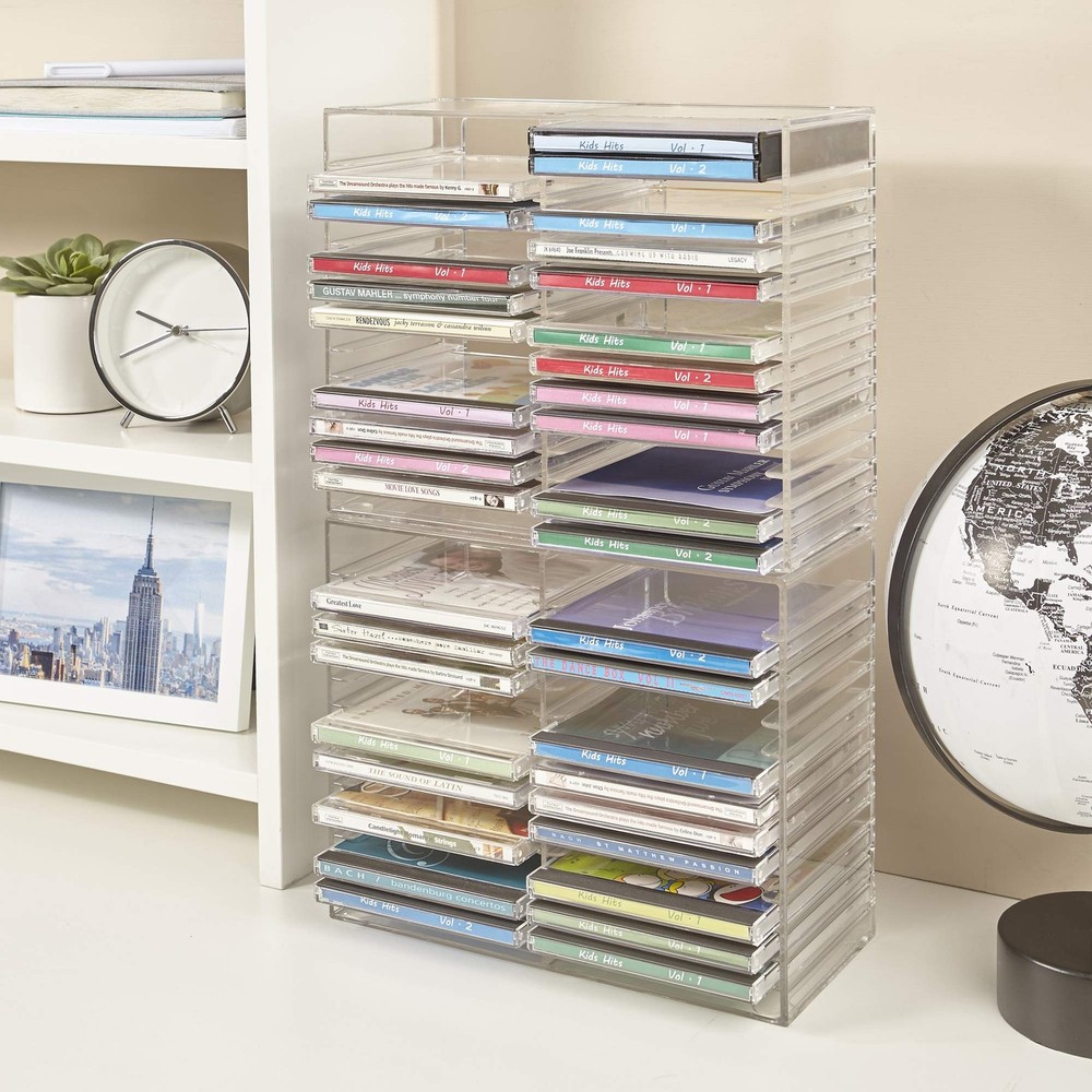 Stackable Clear Plastic CD Organizer with Rubber Feet | Rectangular Jewel Cas...