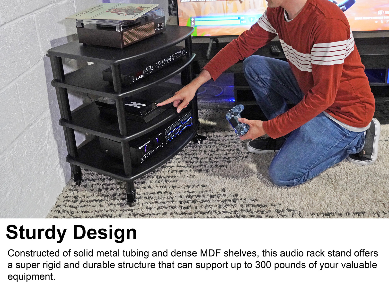 Rockville FLX BLACK Adjustable Height 4 Shelf Home Theater A/V Audio Rack Stand