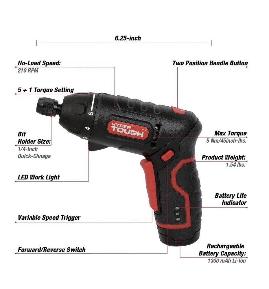 HYPER TOUGH 4V Rotating Head Cordless Screwdriver 2-Position Handle 6062