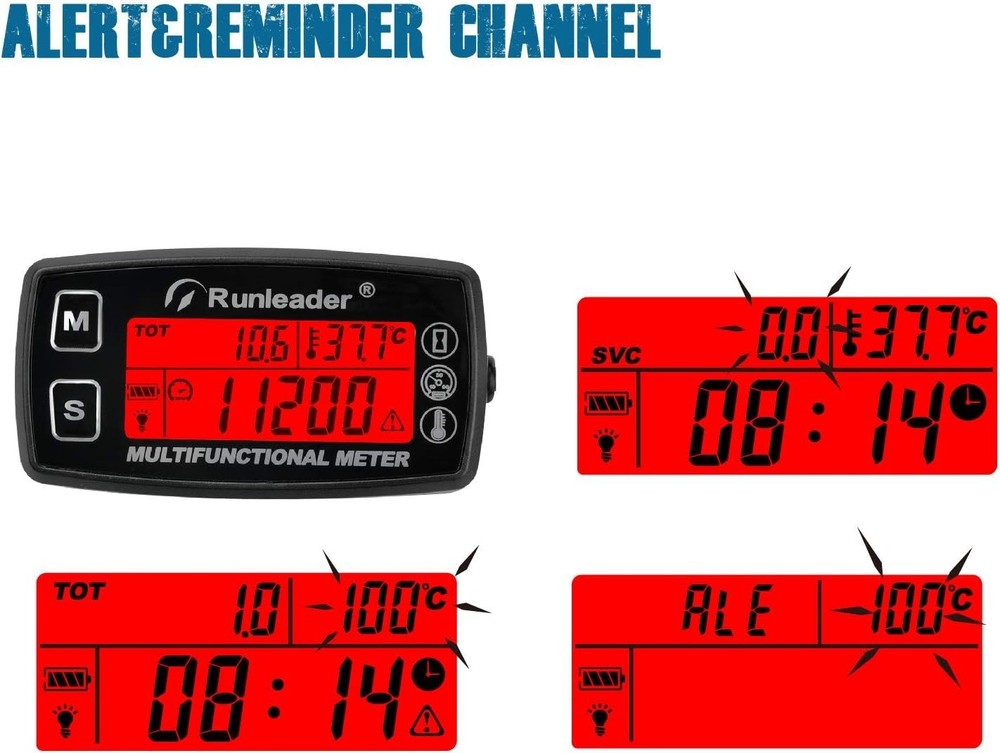 Digital Engine Tachometer, Temp Alert & Hour Meter for Garden & Utility Use