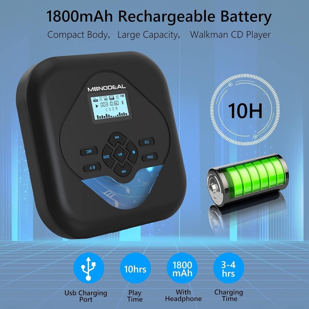 CD Player Portable,Bluetooth CD Player with Speakers,Rechargeable Player for ...