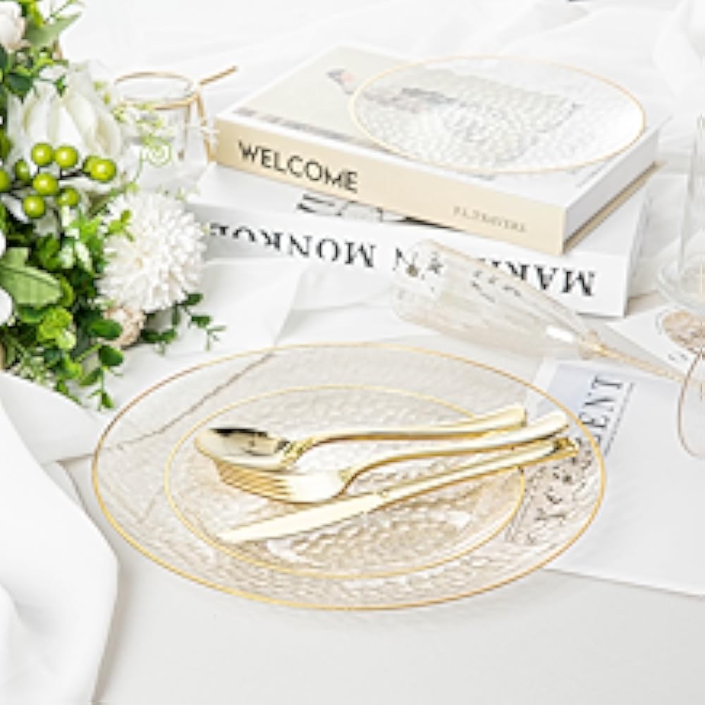 Clear Plastic Plates with Gold Rim, Includes Dinner Plate 10” and