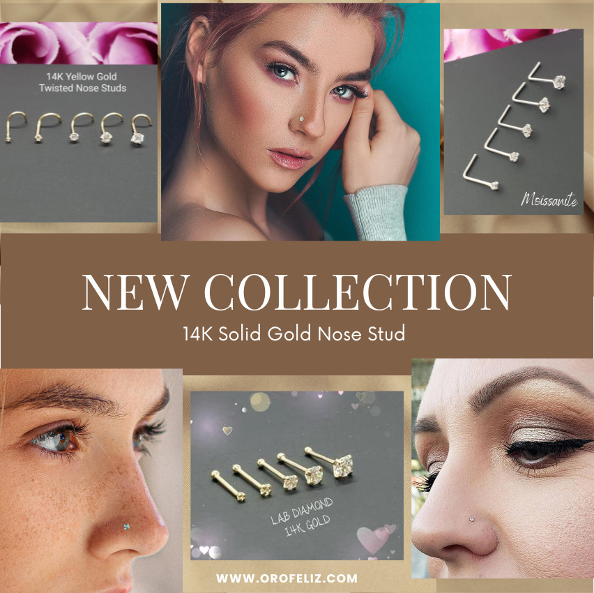 14K Solid Yellow Gold Curve Bar Nose Stud Diamond ,Twist Micro, Nose Screw