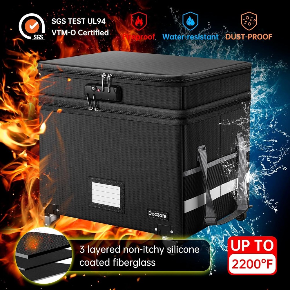 Fireproof Document Box with Lock - Portable 2 Layer File Safe for Home & Office