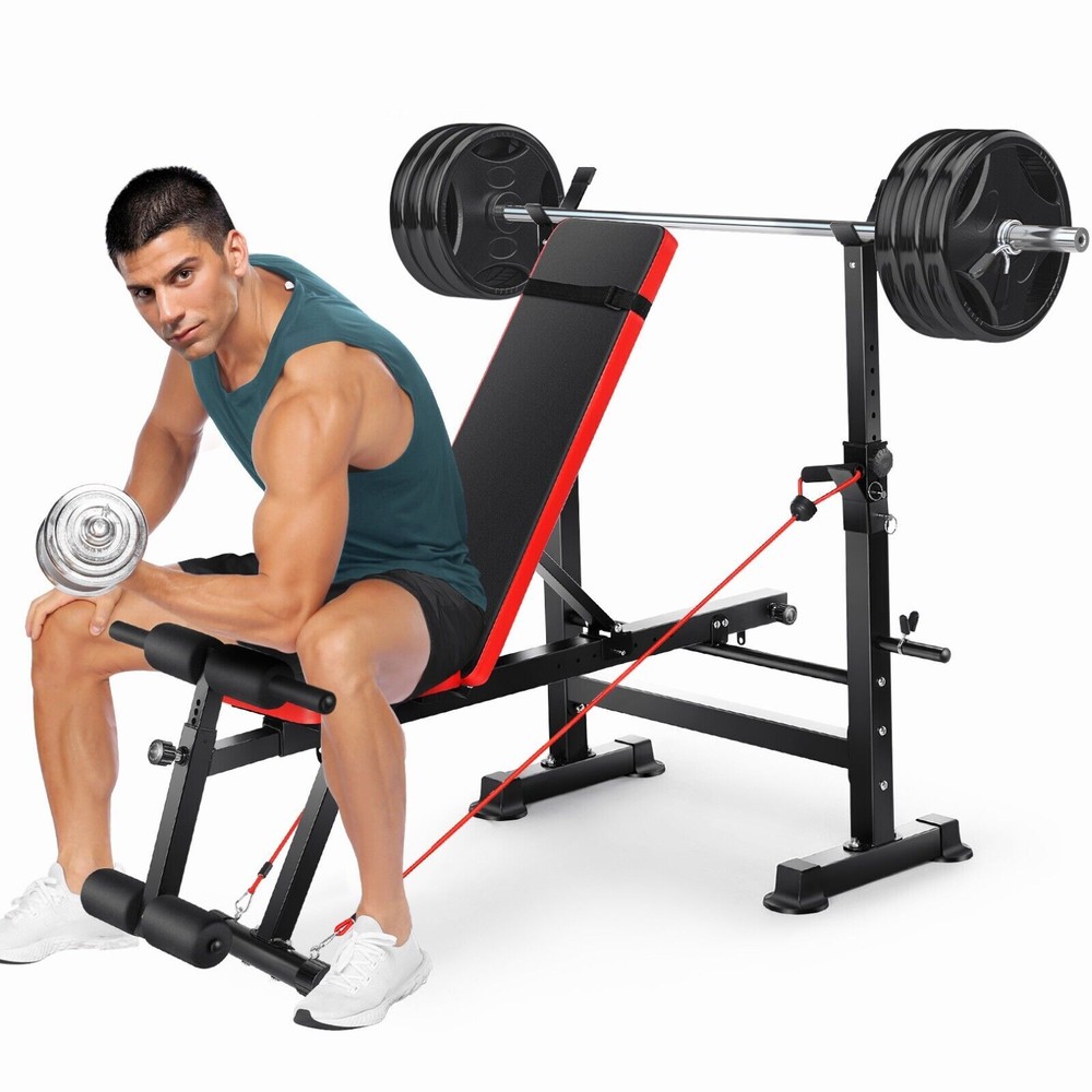 600lbs Adjustable Foldable Weight Bench Set with Removable Foot Catch,Squat Rack