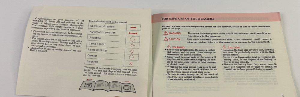 Pentax IQZoom 200 Operating Manual Only 1998